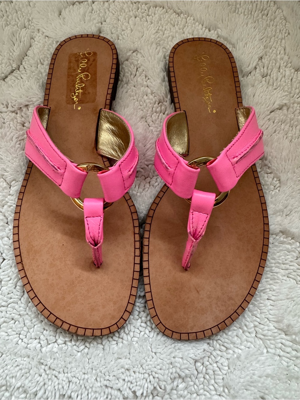 Lilly Pulitzer Pink genuine leather gold ring Thong Sandals 6M